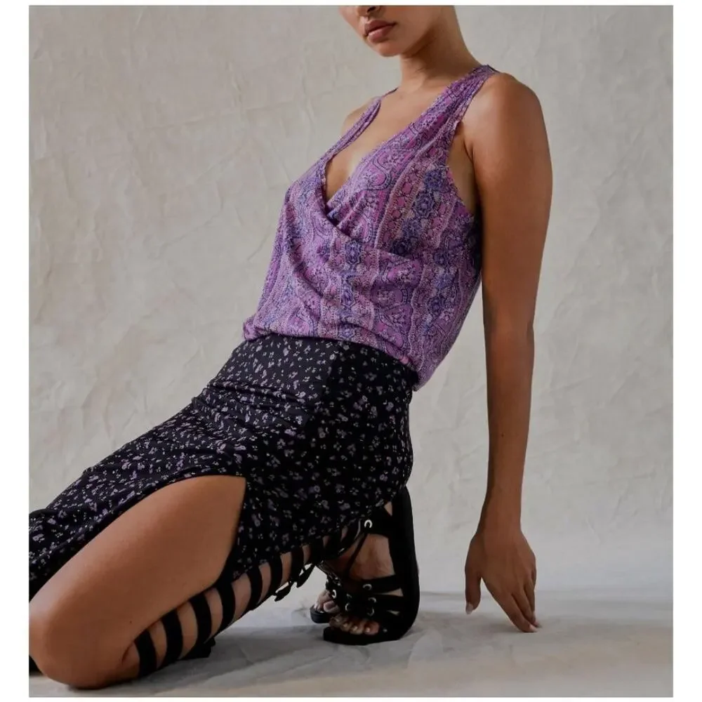 NEW Free People Twisted Wrap Tank Top Summer Bloom Floral Print Linen XS